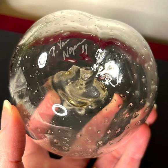 Strawberry Controlled Bubbles Hand Blown Large Clear Glass Art Sculpture Signed - Picture 6 of 7